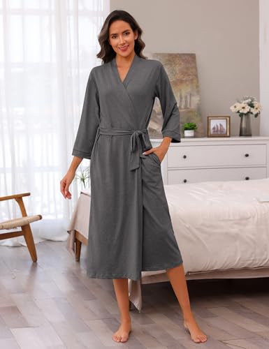 Marvmys Bademantel Damen Morgenmantel Baumwolle Leicht mit Gürtel und Taschen Atmungsaktiv Hausmantel V-Ausschnitt S-XXL