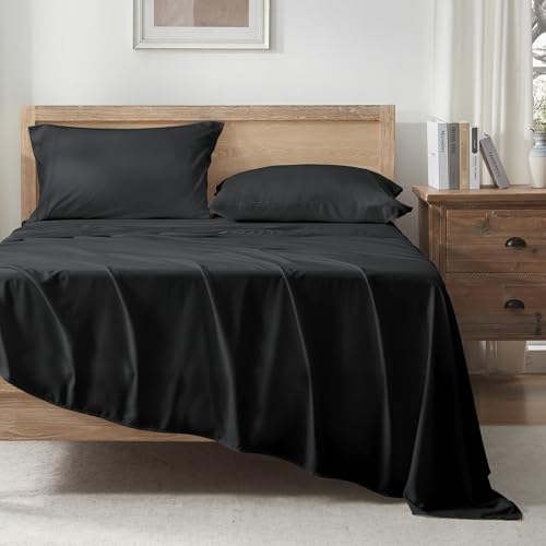Image of Andency Black Queen Sheets Set 100% Viscose Derived from Bamboo | Cooling Summer Sheets, Deep Pocket Up to 16 inch, Silky Soft Hotel Luxury Breathable Bedding Sheets & Pillowcases
