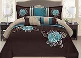 7 Pc Brown, Teal and Taupe Floral Striped Design Cal King Size Comforter Set, by Legacy Decor