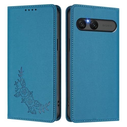 Étui en cuir bleu lac avec gravure florale pour Sony Xperia 1 V 2023