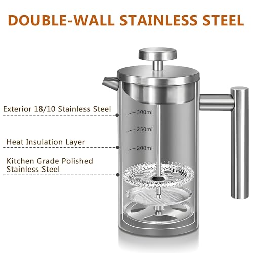 Image of Small French Press Coffee Maker 1 Cup - 12oz /350ml Single Cup Metal French Press(1 Cup), Stainless Steel Double Wall Insulated Coffee & Tea Maker w / 3 Extra Screens + 1 Spoon (Silver), Dishwasher Safe