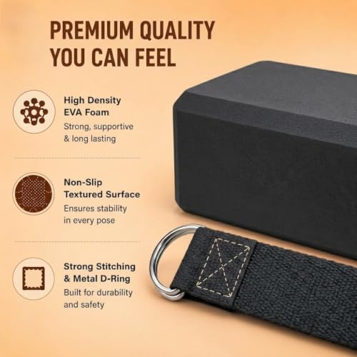 Image of DOLTAS High Density Foam Yoga Block Set of 2 with Yoga Strap - Non-Slip Lightweight Bricks for Improved Balance, Flexibility, Strength & Stability - Support for Pilates, Stretching & Meditation | Black