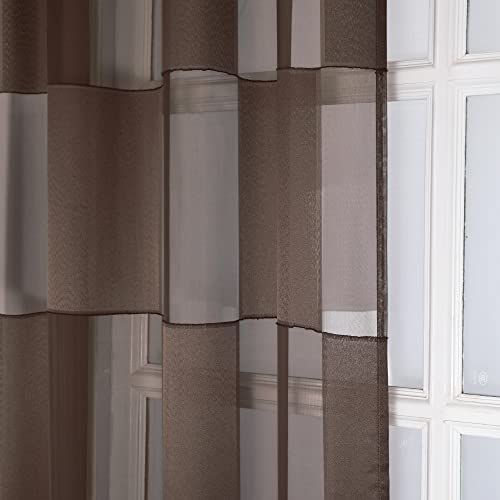 Ovzme Brown Sheer Curtains 96 Inch Length 2 Panels For Living Room Bedroom, Light Filtering Sheer Curtain Semi Checker Window Curtains Bohemian Voile Drapes For Patio Glass Door, Rod Pocket, 40Wx96L #TOP2