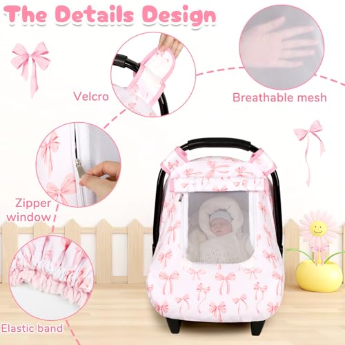Image of Baby Car Seat Cover, Windproof Carseat Cover for Infant Girls, Infant Warm Carseat Canopy with Double Layer Fabric for Winter, Compatible with Most Baby Car Seat, Bow