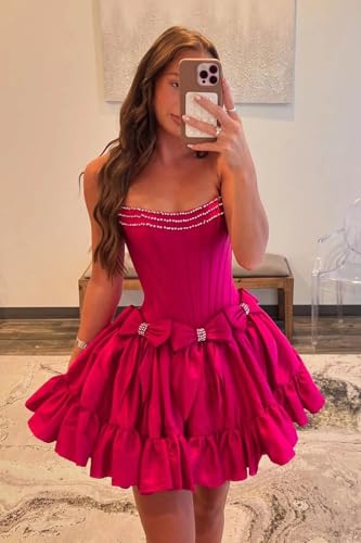 Satin Homecoming Dresses for Teens Strapless Short Prom Dress Pleated Bow Cocktail Gown4