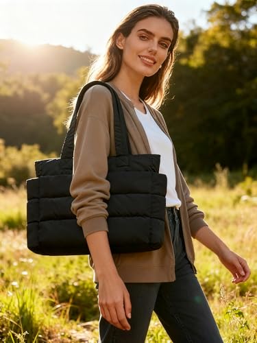 Image of charlore Tote Bag for Women, Puffer Quilted Handbag with Compartments Lightweight Puffy Tote Shoulder Bag for Travel, Work, Gym