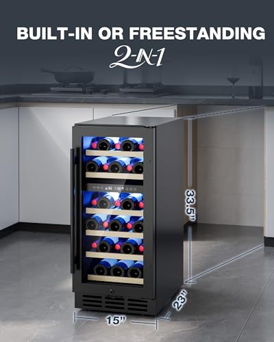 Image of 15 Inch Dual Zone Wine Fridge, 28 Bottles Wine Fridge Under Counter with Removable Shelves & Double-Layer Glass Door, Wine Refrigerators Freestanding or Built-In, Wine Cooler for Home, Office (Black)