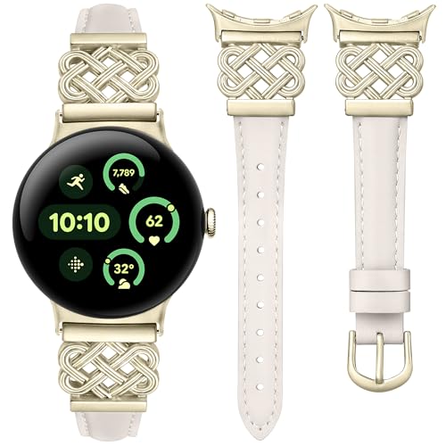 Image of TOYOUTHS Slim Leather Band Compatible with Google Pixel Watch 4 3 41mm /Pixel Watch 2 1 Band Women, Celtic Metal Dressy Thin Fashion Designer Premium Leather Strap for Google 4 3 2 1 Smartwatch