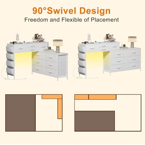 REAHOME Dresser for Bedroom with Charging Station and LED Light, 67\" Rotatable Vanity Desk with LED Light and Side Pockets, Makeup Table with 10 Fabric Drawers, Modern Home Office Desks, White