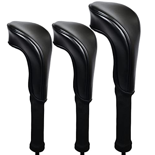 Golf Club Head Covers For Driver & Fairway Woods – Premium Leather Headcovers, Fits All Woods And Drivers (Black) #TOP1