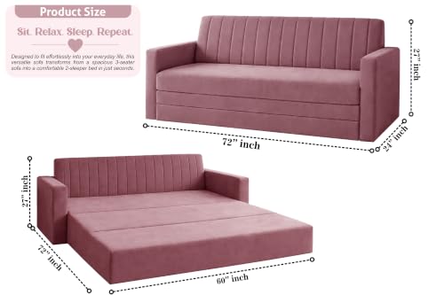 Image of 3-Seater Velvet Sofa Cum Bed with Armrests | Modern Convertible Sleeper Couch | Stylish Sofa Bed for Living Room, Bedroom & Office | Rose Pink