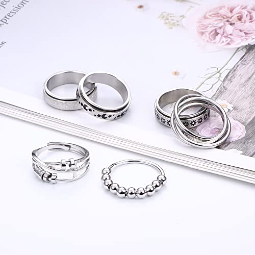 Diamday 6Pcs Anxiety Ring For Women Spinner Fidget Ring Stainless Steel Band Spinner Rings With Beads Fidget Ring For Anxiety Relief Stress Cool Moon Star Bead Flower Spinning Figet Rings Women #TOP6