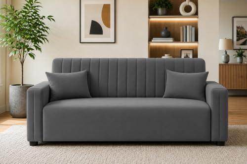 Image of Modern 3 Seater Sofa | Vertical Channel Tufted Backrest & Armrests | Plush Cushioned Seating | Contemporary Upholstered Couch for Living Room, Bedroom & Office - Grey Color
