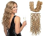 18' Clip in Hair Extensions Human Hair Wavy, Light Golden Blonde Highlights (#27/613) 7Pc Thick Double Weft Deep Wave for Gala & Wedding. Real Remy Memory Curl Volume Set