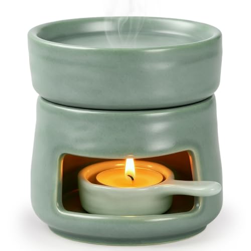 Image of Bighan Wax Melt Burner Ceramic Oil Burner Aroma Diffuser Wax Essential Oil Burner Aromatherapy with Tealight Holder Home Bedroom Decor, Green
