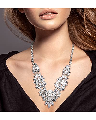 Badgley Mischka Women's Necklace - Crystal Cluster Design Chunky Elegant Statement Bib Flower Collar Necklace Costume Jewelry, White #TOP1