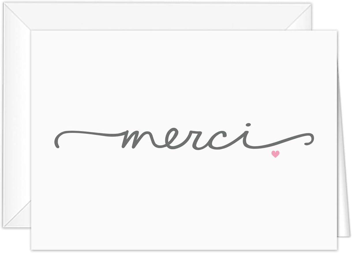 Merci Heart Thank You Cards / 24 French Gratitude Note Cards With White Envelopes / 3 1/2" x 4 7/8" Thanks From The Grey Script Pink Heart All Occasion Appreciation Blank Greeting Card Pack