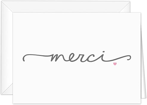 Merci Heart Thank You Cards / 24 French Gratitude Note Cards With White Envelopes / 3 1/2" x 4 7/8" Thanks From The Grey Script Pink Heart All Occasion Appreciation Blank Greeting Card Pack