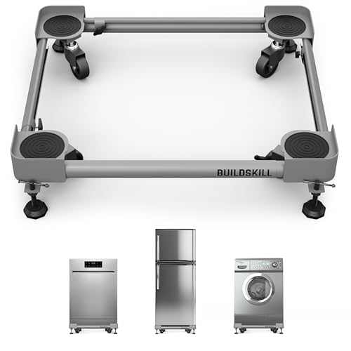 Image of BUILDSKILL 160kg Load Capacity Washing Machine Stand | 360 Rotating Wheels | Adjustable | Absorbs Vibration | Anti-Skid Fridge and Dishwasher Stand, Top & Front Load Washing Machine Trolley - Grey