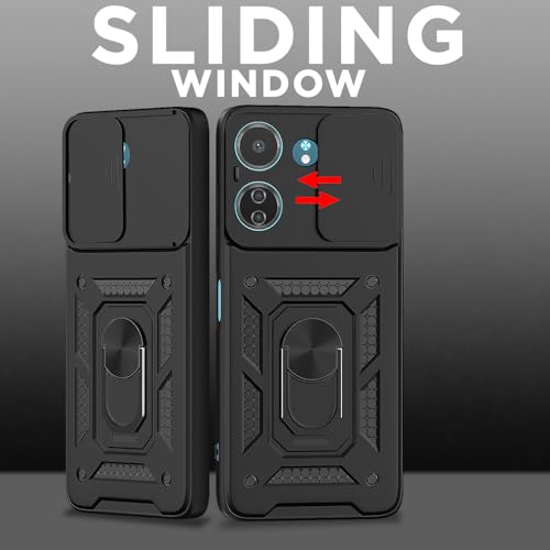 Image of Outlouders Back Cover for Redmi 13C 4G / Poco C65 | D10 Tough Armor 360 Protection Case with Sliding Camera Shield & Ring Holder Stand Bumper Case (Black)