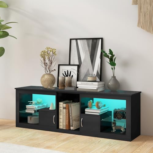 Livofloral TV Stand with LED Lights for 55/60/65/70 Inch TV, 63\" Entertainment Center for PS5, Modern TV Console with Glass Shelves and Storage Cabinet, for Living Room, Bedroom, Black