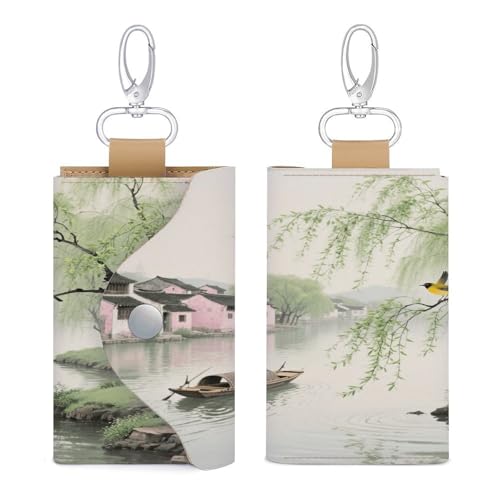 Leather Keychain Spring Orioles on The Willow Bank Keychain Keychains Key Chain with 6 Hooks Can Be Used As A Credit Card Holder Coin Purse Key Bag