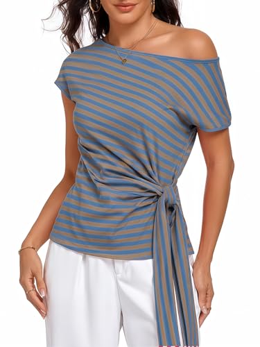 Image of HOTIAN Womens Cap Sleeve T Shirts 2026 Tie Waist Wrap Tops Crew Neck Blouses Dressy Casual Loose Work Business Dressy