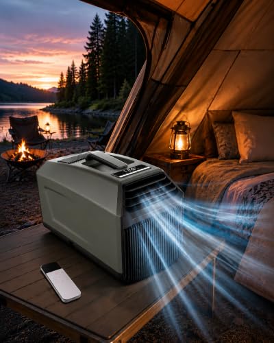 forplubossmmp Climatizador Portátil Camping 5100 BTU, AC 4 En 1 Tienda, Refrigeración Ventilador Deshumidif Modo Sueño, 450w Bajo Consumo 36-49db, Mando Timer Caravana Tienda Camión 8-10㎡ Green