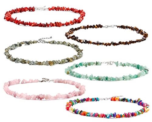 Ximeo 6Pcs Natural Gemstone Chakra Crystal Choker Necklaces For Women Healing Stretch Chips Reiki Necklaces Set Adjustable #TOP8