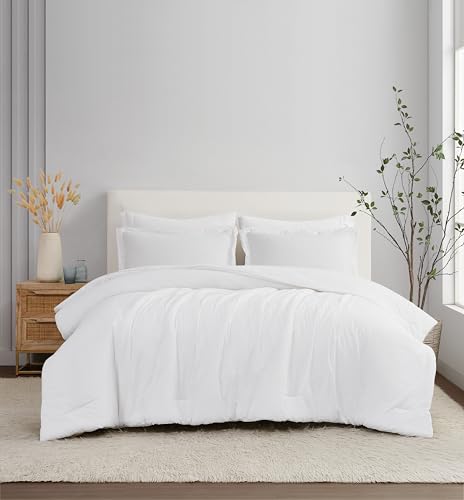 Brooklyn Loom Flax Linen White Full/Queen 3 Piece Comforter Set, Solid Color Themed, Oeko-TEX Certified Confidence