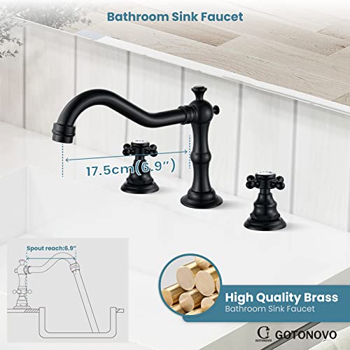 Gotonovo Matte Black Bathroom Sink Widespread Faucet Mixing Tap Deck Mount Double Cross Knobs 3 Hole With Pop Up Drain thumb #2