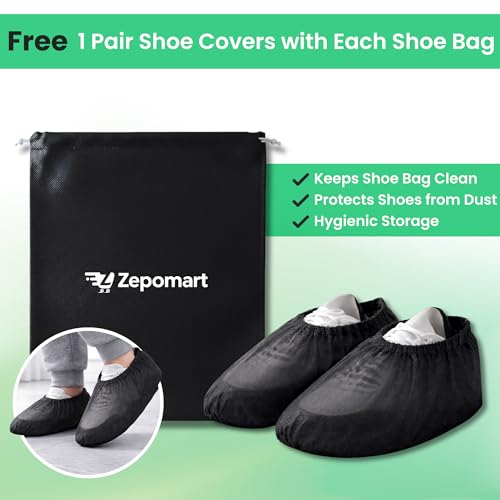 Image of Shoe Bag for Travel & Storage 16 x 12 Inch with FREE Shoe Cover, Dustproof & Water-Resistant Non Woven Shoe Organizer for Men & Women, Footwear Bag for Luggage, Gym & Home (Black, Pack of 1)