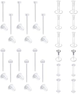 18g 20g Small Clear Nose Rings Studs Retainer for Work Surgery Flexible L Shaped Nose Screw Round Flat Top Bone Skin Color Plastic Nostril Piercing Retainer with Jewelry