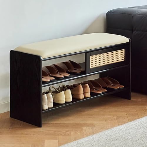 Banc à chaussures pour entrée en bois noir, meuble de rangement en rotin salon