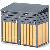 Youyijia Metallische Mülltonnenlagerung für 120-240 Liter, 142 x 85 x 130.5 cm, Holzmaserung Design, verzinktes Stahl-Müllschuppen, Außendeckel mit abschließbarer Tür für Garten und Hinterhof
