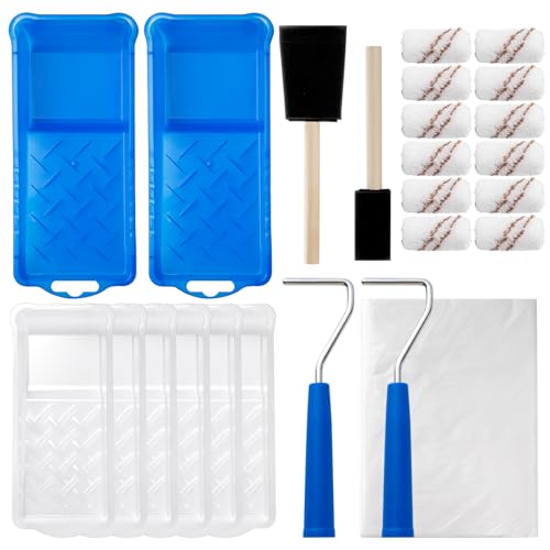 Mister Rui Paint Roller Kit, 25 Pack, 2 Inch Microfiber Paint Rollers 10 mm Nap, Small Paint Roller Kit, Mini Paint Roller, Paint Tray with Liners, Sponge Paint Brush, Mini Rollers for Painting