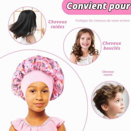 KASESSS 3 Pièces Bonnet Satin Cheveux Nuit Enfant, Élastique et Réutilisable, Soie Licorne pour Filles et Garçons de 2 à 8 Ans – vue 3