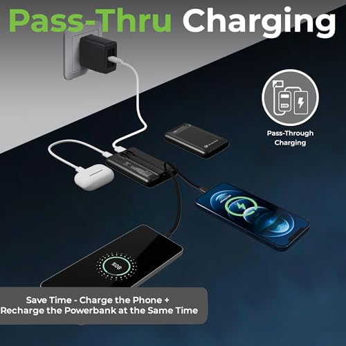 Image of UltraProlink Power Bank 10000mah Fast Charging|16.8mm Slim|22.5W QC-PD-PPS Fast Charging Battery Bank|with USB-C & iPhone Cable|Digital Display|Power Bank for Tablets & Smartphones| Black |UM1127