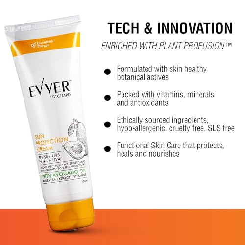 EVVER UV Guard Sunscreen SPF 50 Pa+++ | With Avocado Oil, Aloe Vera & Vitamin E | Broad Spectrum Sunscreen for Oily Skin, Dry Skin | for Women and Men | 100ml