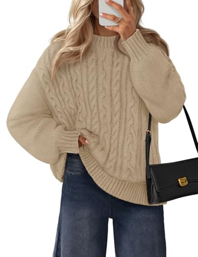 MEROKEETY Womens Fall Cable Knit Sweaters 2025 Long Lantern Sleeve Crewneck Chunky Loose Pullover Tops Winter Clothes, Sand, X-Large