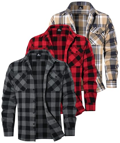 3 Pack Mens Long-Sleeve Button-Down Shirt Cotton Tops Casual Collared Blouses Loose Fit Plaid Flannel Shirts