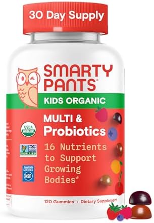 SmartyPants Organic Kids Multivitamin Gummies: Probiotics, Omega 3 (ALA), Vitamin D3, C, Vitamin B12, B6, A, K & Zinc for Immune Support, Biotin, Three Fruit Flavors, 120 Count (30 Day Supply)