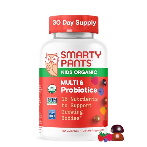 SmartyPants Organic Kids Multivitamin Gummies: Probiotics, Omega 3 (ALA), Vitamin D3, C, Vitamin B12, B6, A, K & Zinc for Immune Support, Biotin, Three Fruit Flavors, 120 Count (30 Day Supply)