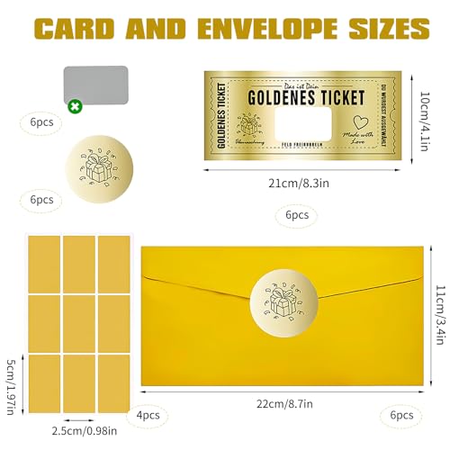 LILELIG 6 PCS/Set Goldenes Ticket Rubbellose Wunschgutschein mit Rubbelaufkleber zum Ausfüllen + 4 Blatt Goldene Rubbellose, Rubbel Gutschein Rubbel, Geschenk Idee für Frauen, Freundin, Mama, Kind