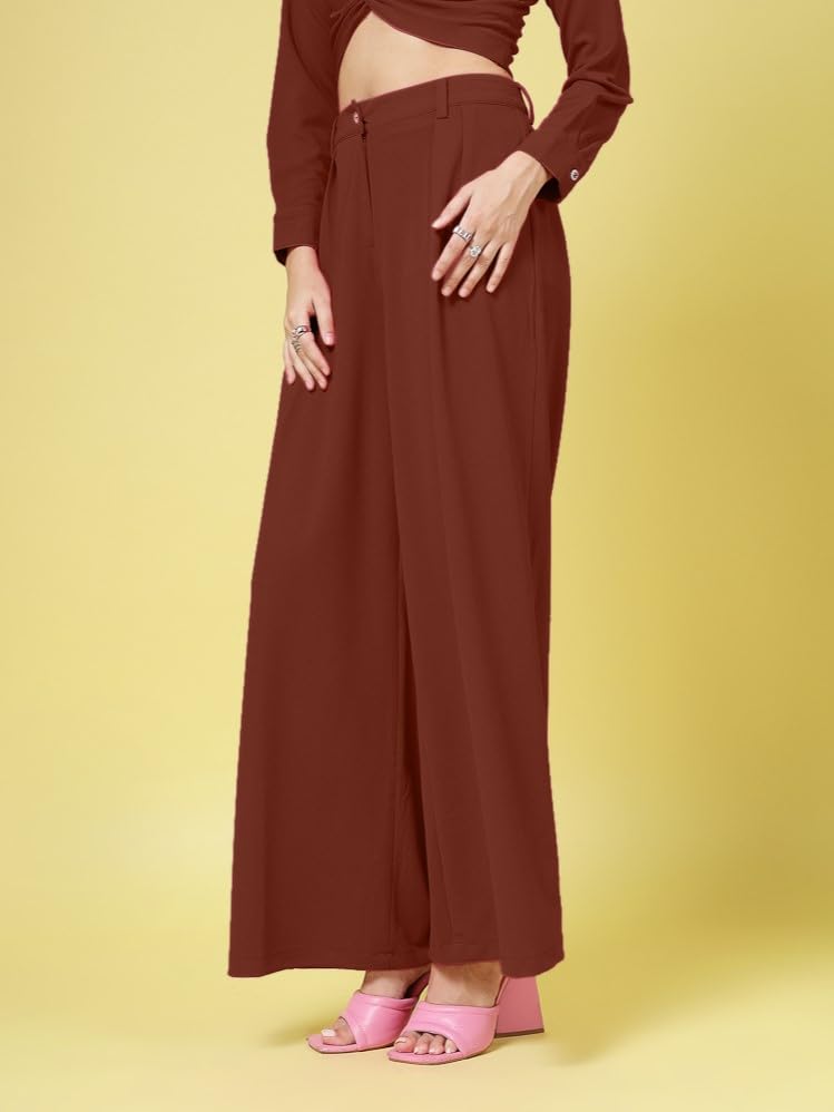 Image of FYLTR Women's Stretchable High Waist Wide-Leg Front Pleated Formal Trouser