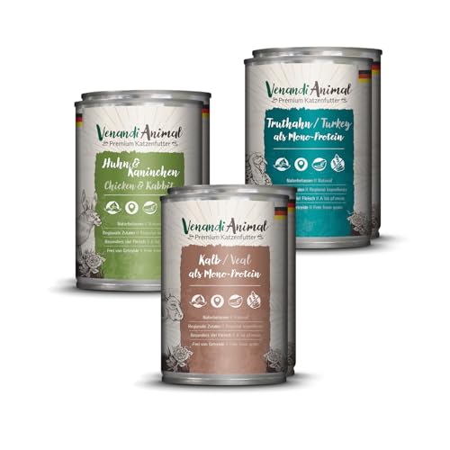Venandi Animal Premium Nassfutter für Katzen, Probierpaket II, Huhn + Kaninchen, Kalb, Truthahn, 6 x 400 g, getreidefrei und naturbelassen, 2.4 kg