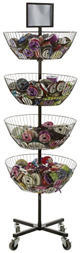 Displays2go Free Standing Basket Shelves, 4 Tiers Rotate Individually, Top Sign Holder, Locking Wheels