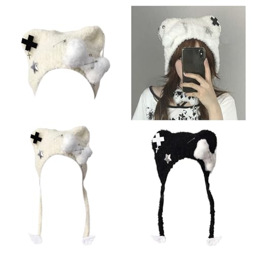Bear Ear Knitted Hat Punk Knitted Hat for Girl Snow Skiing Cycling Winter Crochet Snow for Women Outdoor Activity Stylish2