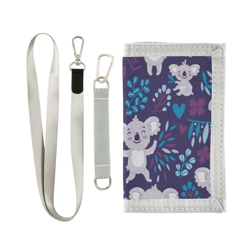 OTVEE Cute Koala Bears and Leaves Trifold Wallet Fabric Wallet Small Nylon Wallet Card Wallet with Lanyard