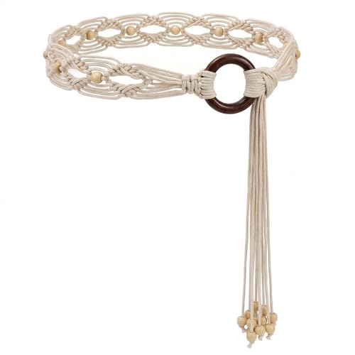 WHIPPY Boho Braided Belt for Women Western Belt With Hand-Woven Wax Rope Country Tassel Belts for Dress 2 Wide White